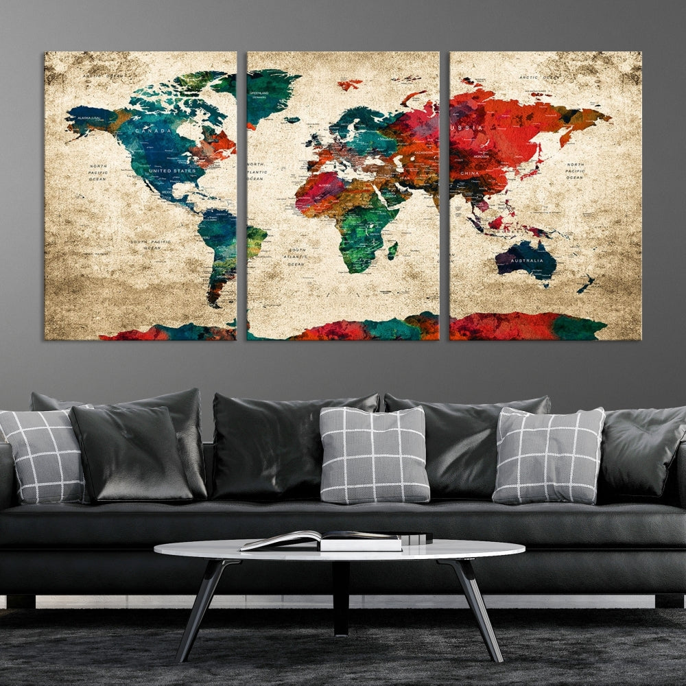 Modern World Map Wall Art, Detailed Map with Country Names, Custom World Map Canvas Print, Set of Panel