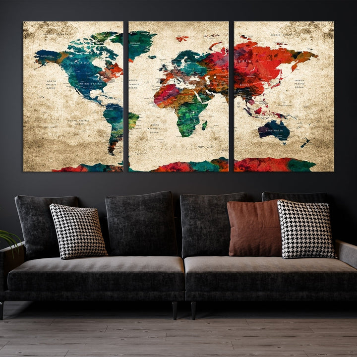 Modern World Map Wall Art, Detailed Map with Country Names, Custom World Map Canvas Print, Set of Panel