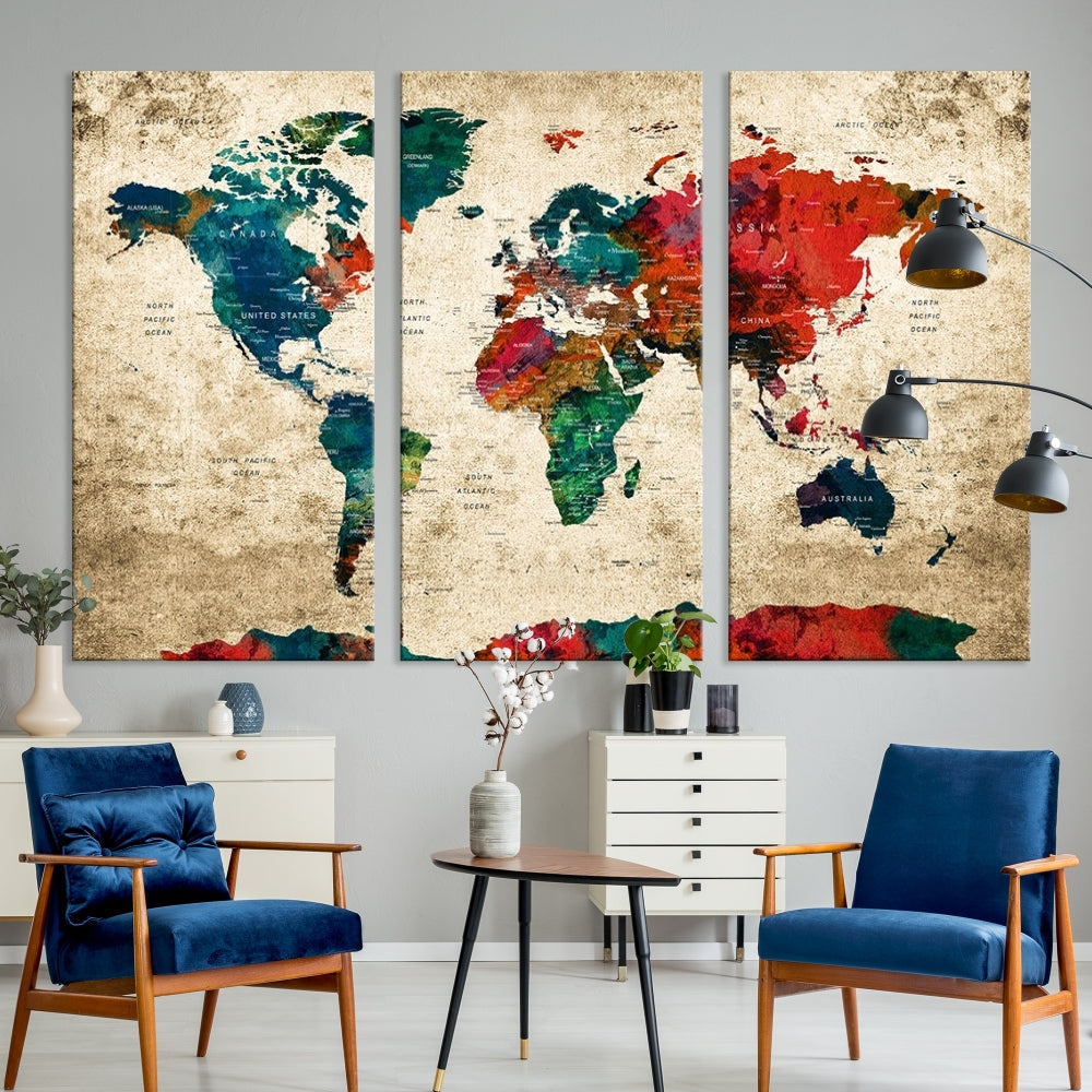 Modern World Map Wall Art, Detailed Map with Country Names, Custom World Map Canvas Print, Set of Panel