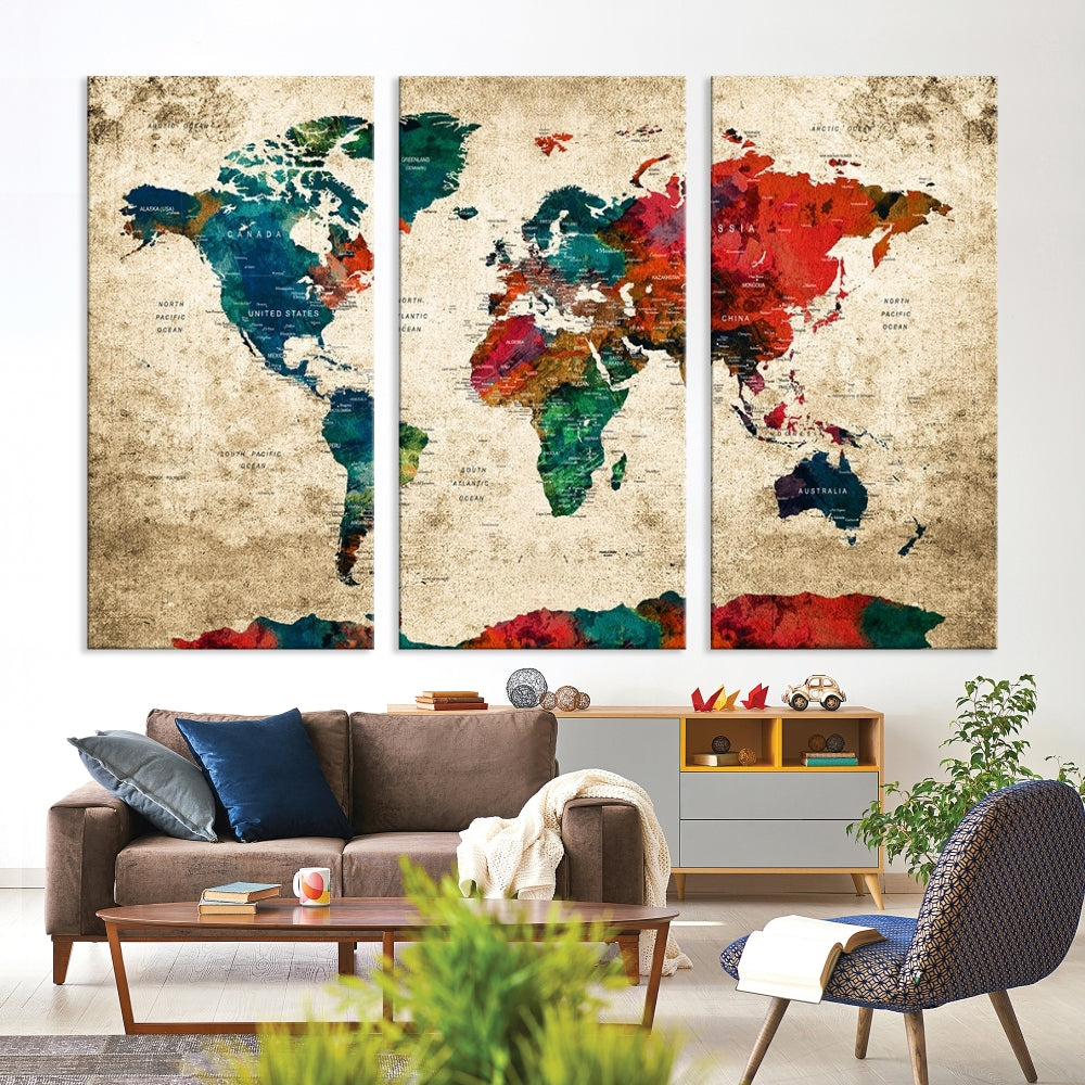 Modern World Map Wall Art, Detailed Map with Country Names, Custom World Map Canvas Print, Set of Panel