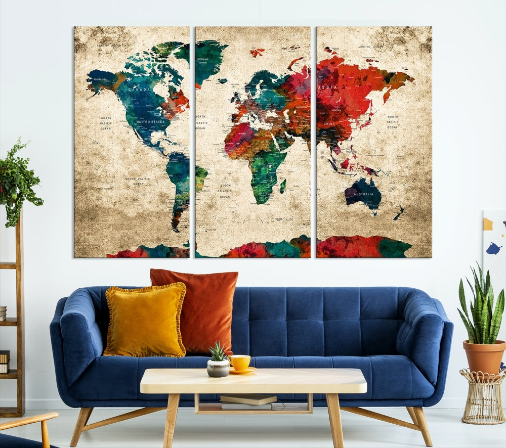 Modern World Map Wall Art, Detailed Map with Country Names, Custom World Map Canvas Print, Set of Panel