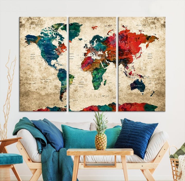 Modern World Map Wall Art, Detailed Map with Country Names, Custom World Map Canvas Print, Set of Panel