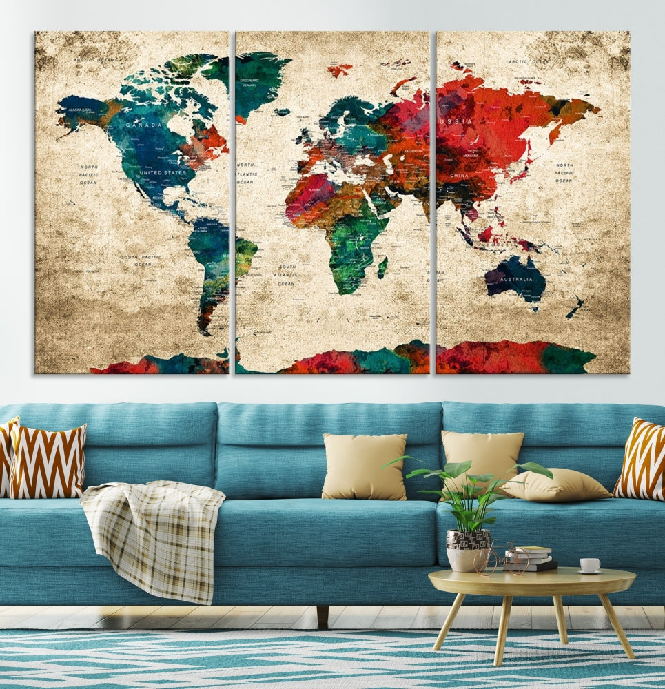 Modern World Map Wall Art, Detailed Map with Country Names, Custom World Map Canvas Print, Set of Panel