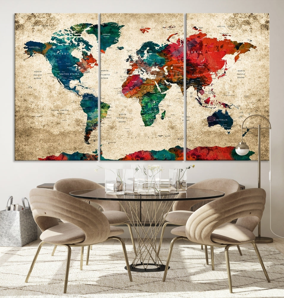 Modern World Map Wall Art, Detailed Map with Country Names, Custom World Map Canvas Print, Set of Panel