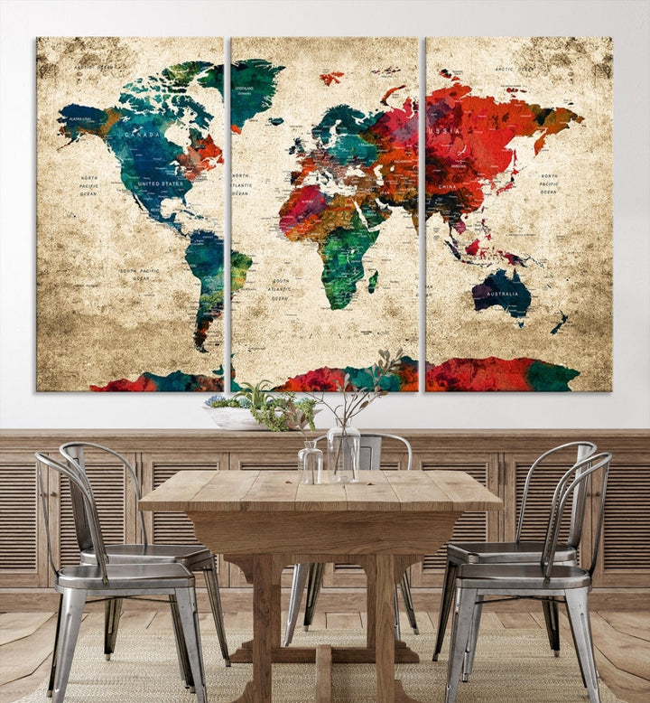 Modern World Map Wall Art, Detailed Map with Country Names, Custom World Map Canvas Print, Set of Panel