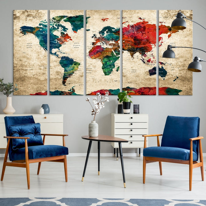 Modern World Map Wall Art, Detailed Map with Country Names, Custom World Map Canvas Print, Set of Panel