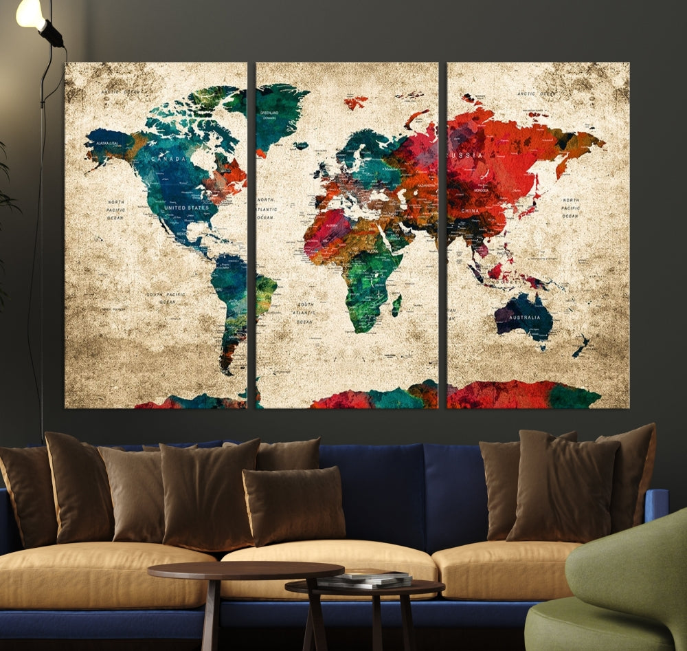 Modern World Map Wall Art, Detailed Map with Country Names, Custom World Map Canvas Print, Set of Panel