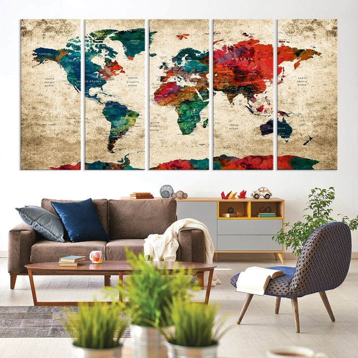 Modern World Map Wall Art, Detailed Map with Country Names, Custom World Map Canvas Print, Set of Panel