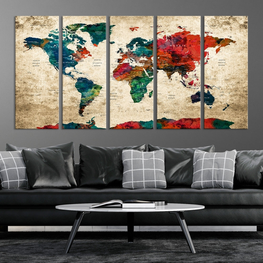 Modern World Map Wall Art, Detailed Map with Country Names, Custom World Map Canvas Print, Set of Panel