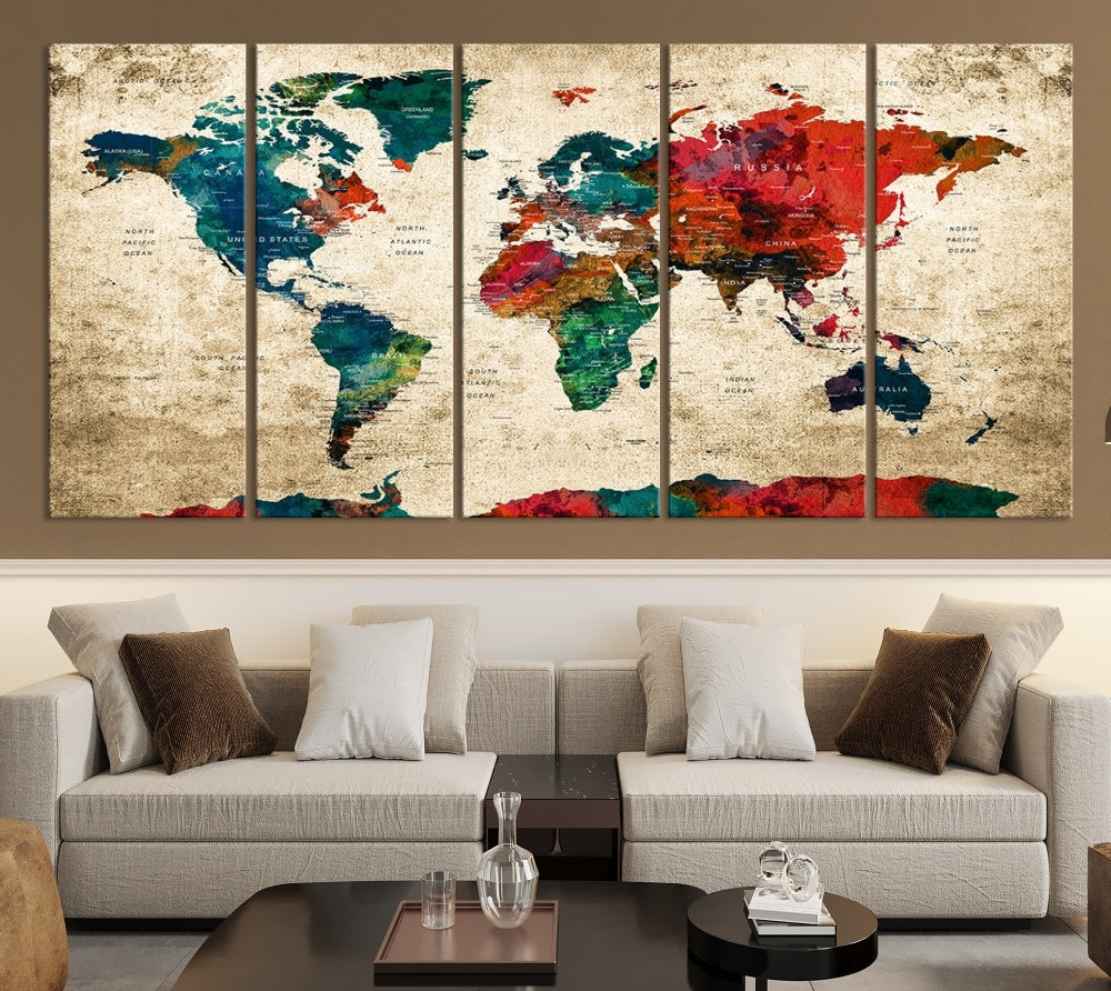 Modern World Map Wall Art, Detailed Map with Country Names, Custom World Map Canvas Print, Set of Panel