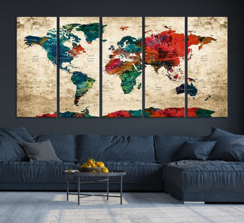 Modern World Map Wall Art, Detailed Map with Country Names, Custom World Map Canvas Print, Set of Panel