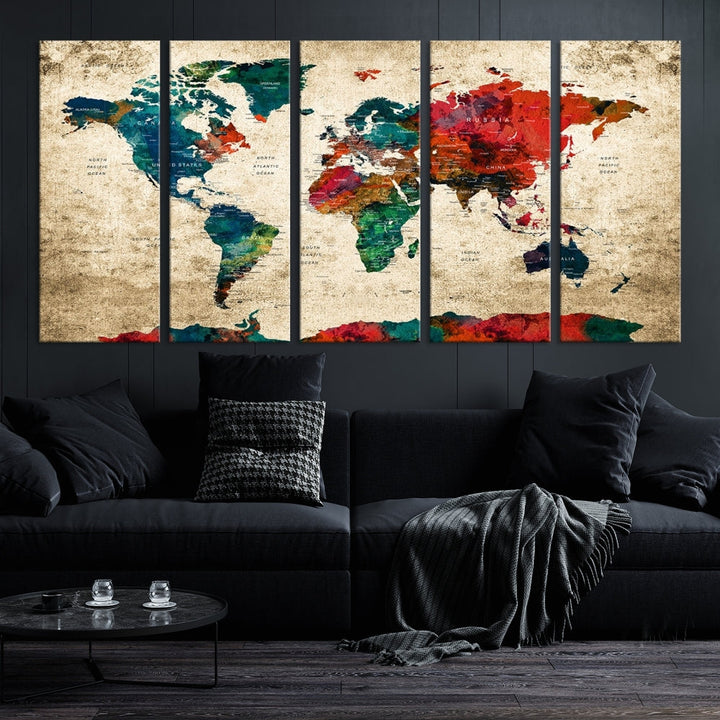 Modern World Map Wall Art, Detailed Map with Country Names, Custom World Map Canvas Print, Set of Panel