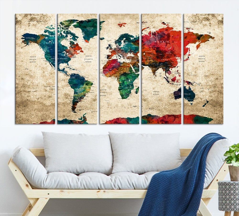 Modern World Map Wall Art, Detailed Map with Country Names, Custom World Map Canvas Print, Set of Panel