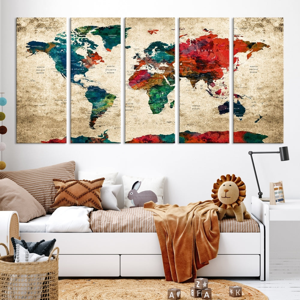 Modern World Map Wall Art, Detailed Map with Country Names, Custom World Map Canvas Print, Set of Panel