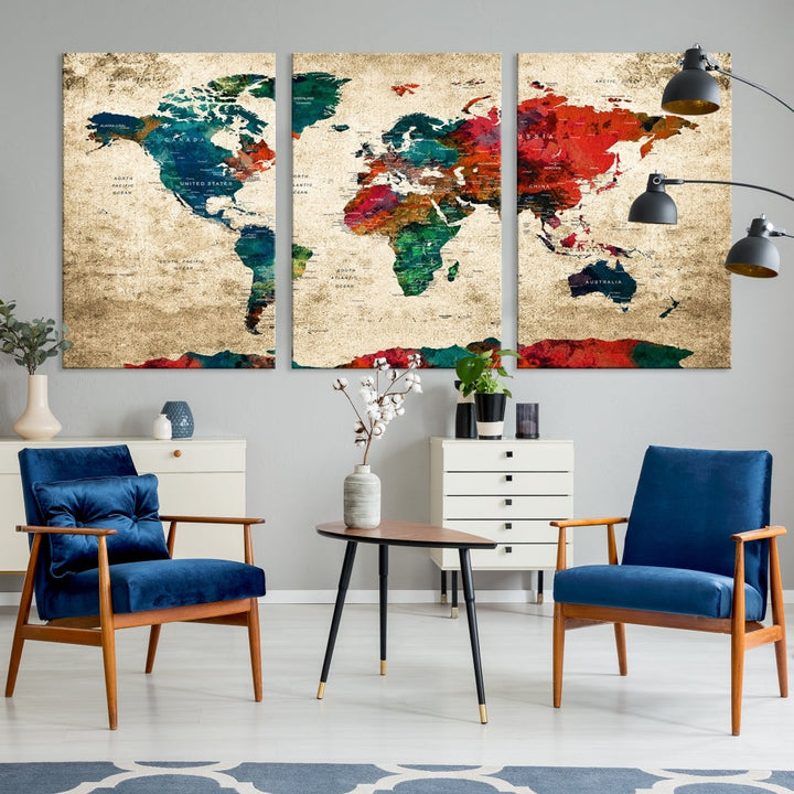 Modern World Map Wall Art, Detailed Map with Country Names, Custom World Map Canvas Print, Set of Panel