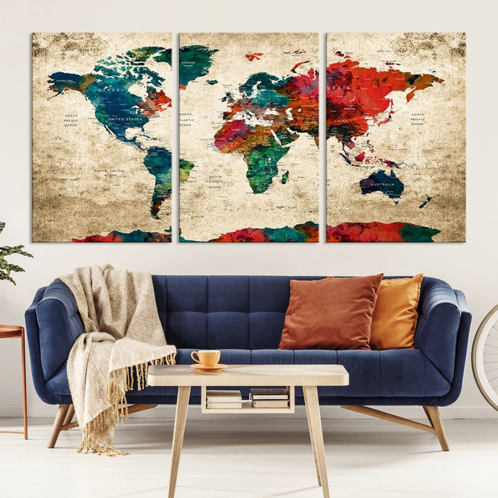 Modern World Map Wall Art, Detailed Map with Country Names, Custom World Map Canvas Print, Set of Panel