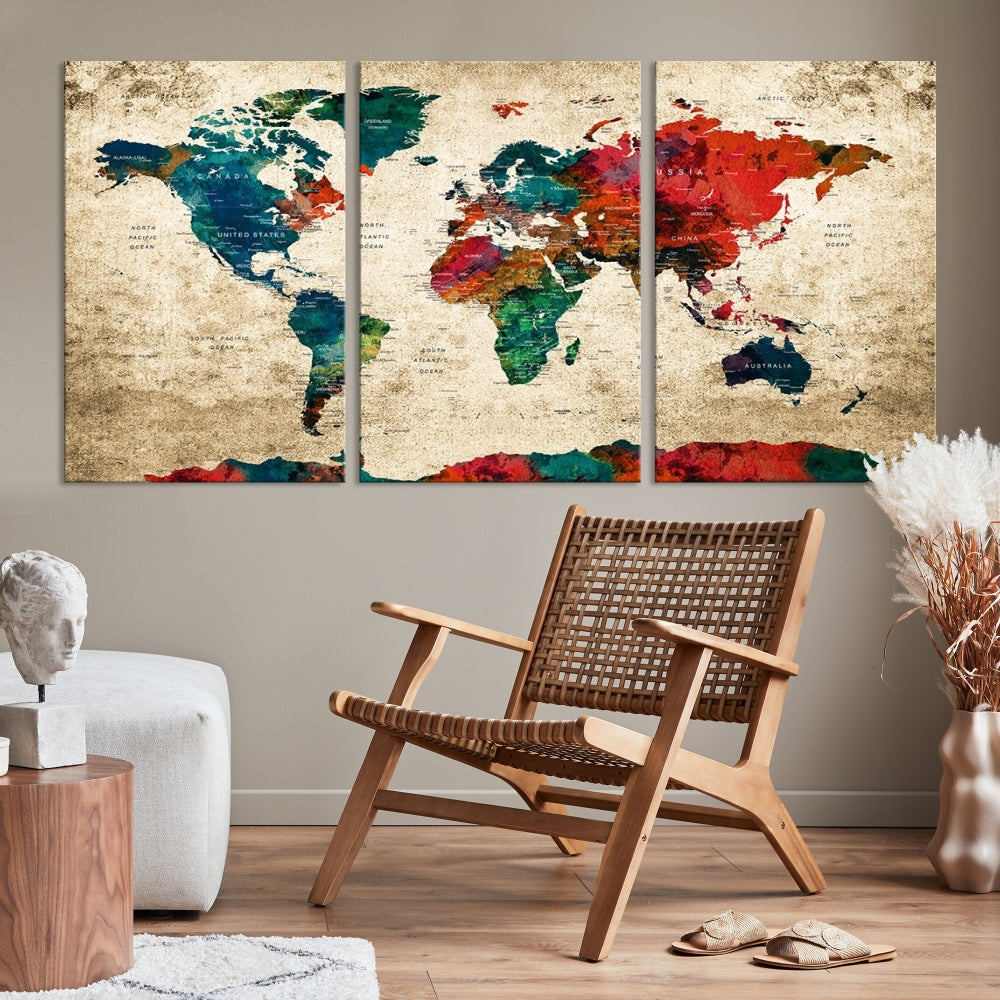 Modern World Map Wall Art, Detailed Map with Country Names, Custom World Map Canvas Print, Set of Panel