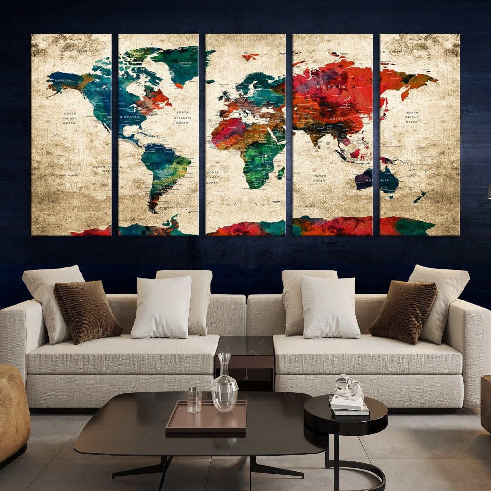 Modern World Map Wall Art, Detailed Map with Country Names, Custom World Map Canvas Print, Set of Panel