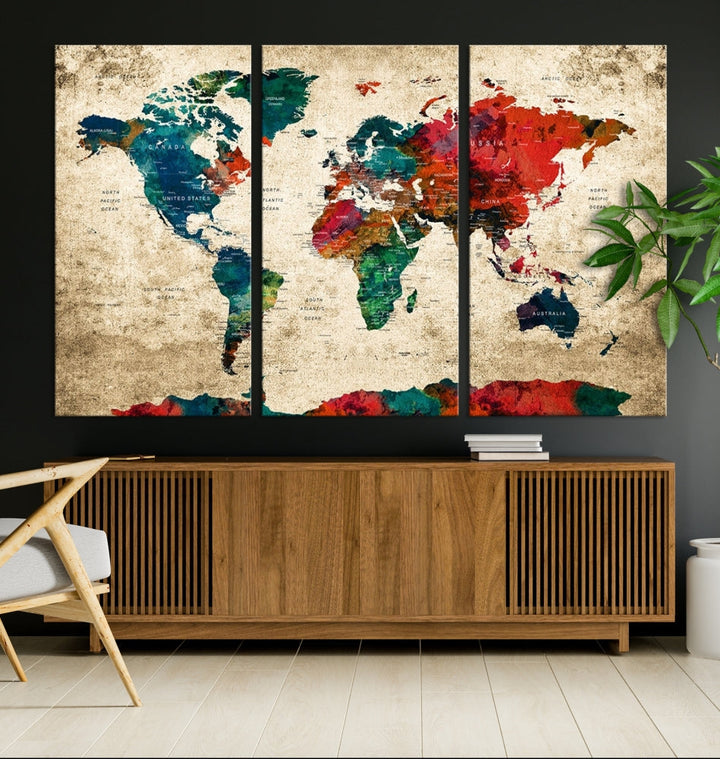 Modern World Map Wall Art, Detailed Map with Country Names, Custom World Map Canvas Print, Set of Panel