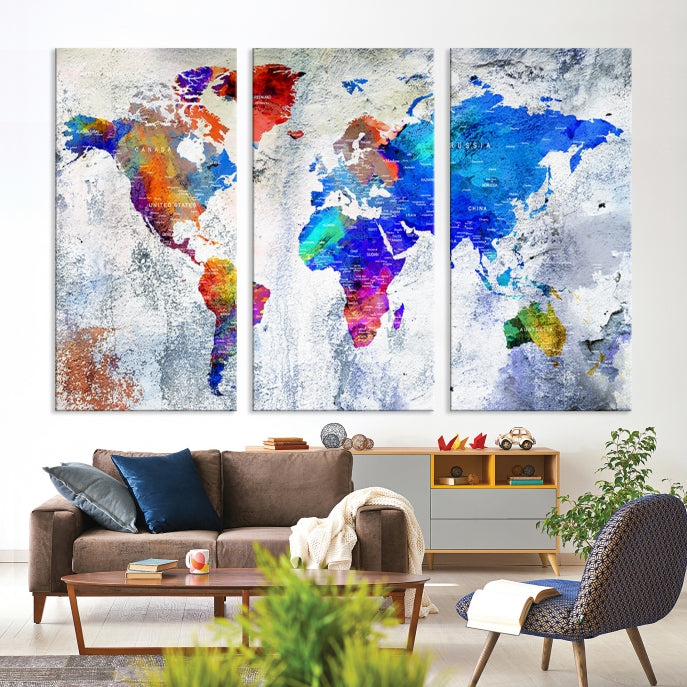 Modern World Map Wall Art Travel Map Canvas Print Home Office Wall Decor