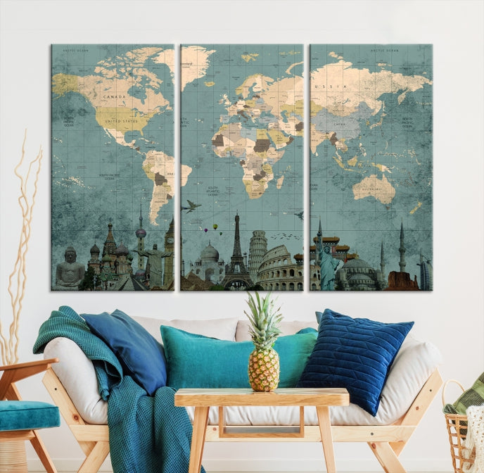 Modern World Map Wall Art World Landmarks World Map Poster Canvas Print