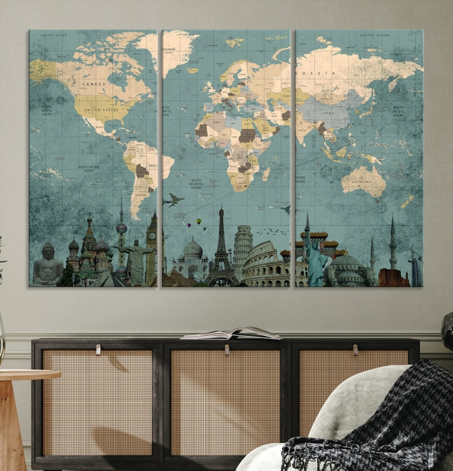 Modern World Map Wall Art World Landmarks World Map Poster Canvas Print