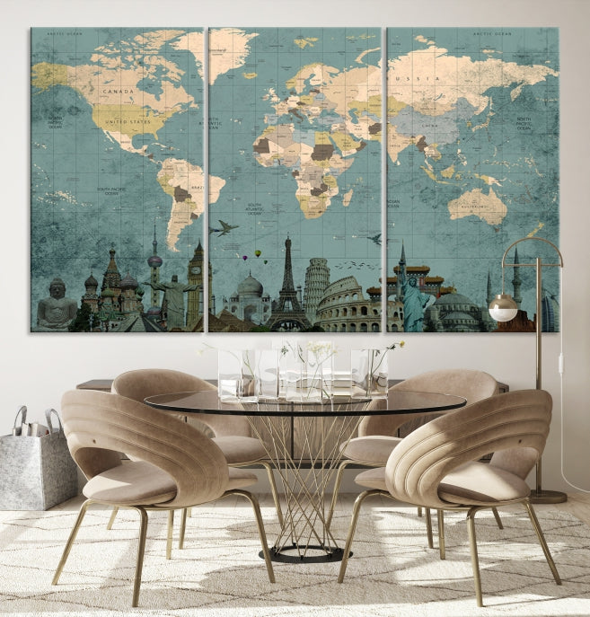 Modern World Map Wall Art World Landmarks World Map Poster Canvas Print