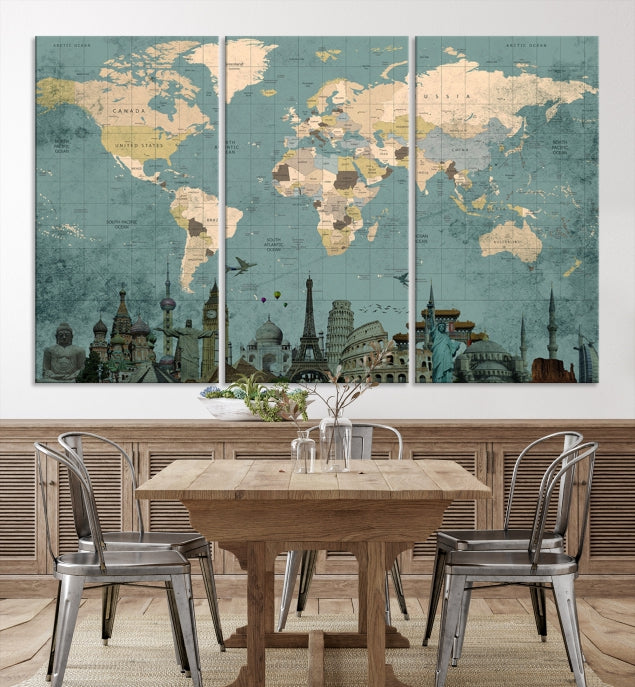 Modern World Map Wall Art World Landmarks World Map Poster Canvas Print