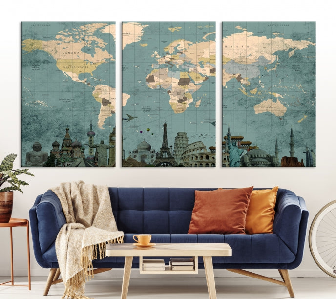 Modern World Map Wall Art World Landmarks World Map Poster Canvas Print