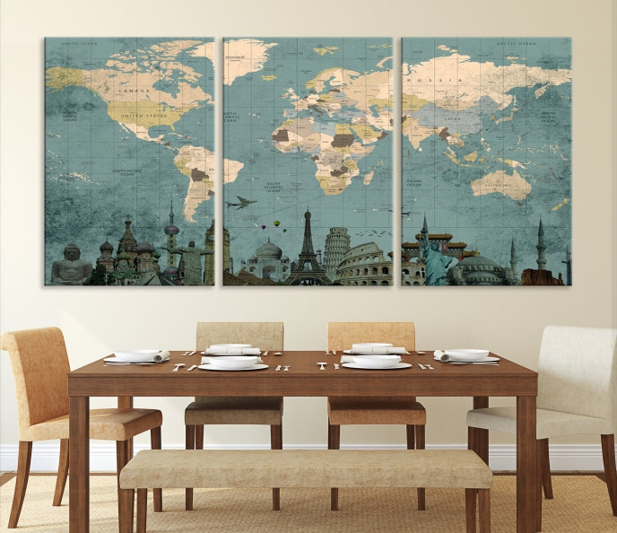 Modern World Map Wall Art World Landmarks World Map Poster Canvas Print