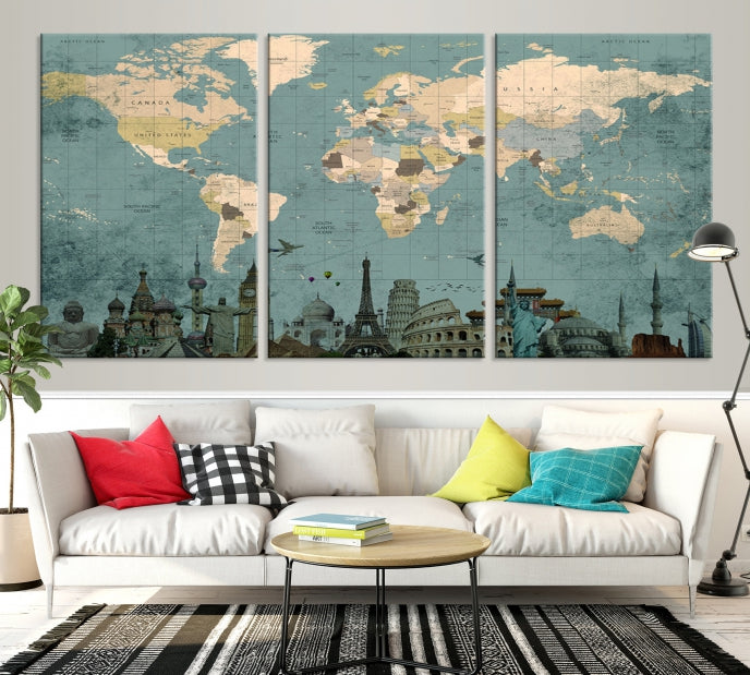 Modern World Map Wall Art World Landmarks World Map Poster Canvas Print