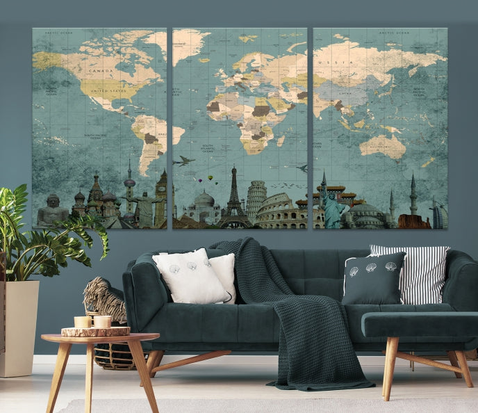 Modern World Map Wall Art World Landmarks World Map Poster Canvas Print