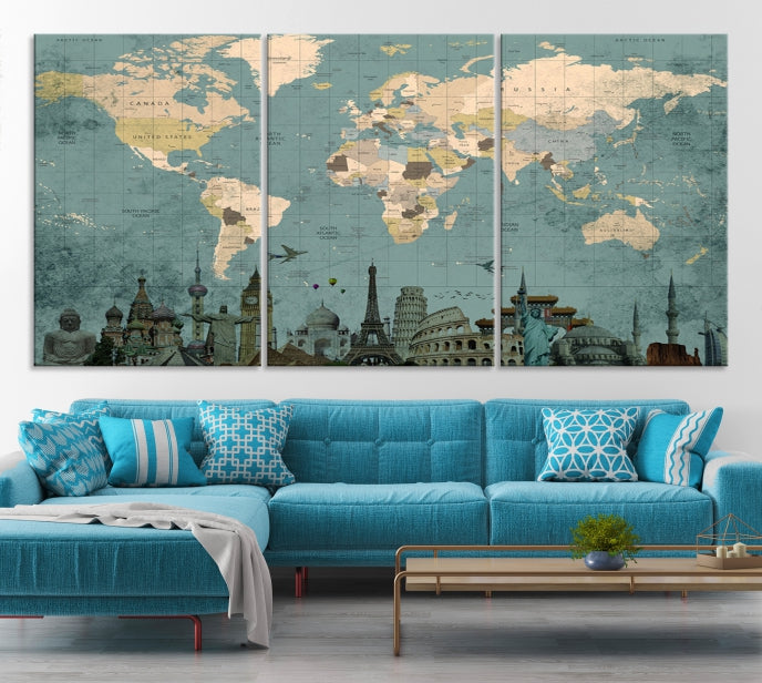 Modern World Map Wall Art World Landmarks World Map Poster Canvas Print