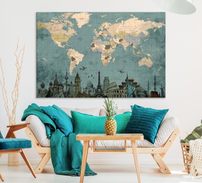 Modern World Map Wall Art World Landmarks World Map Poster Canvas Print