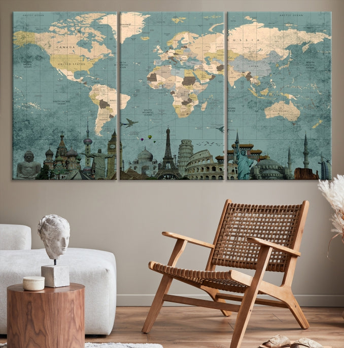 Modern World Map Wall Art World Landmarks World Map Poster Canvas Print