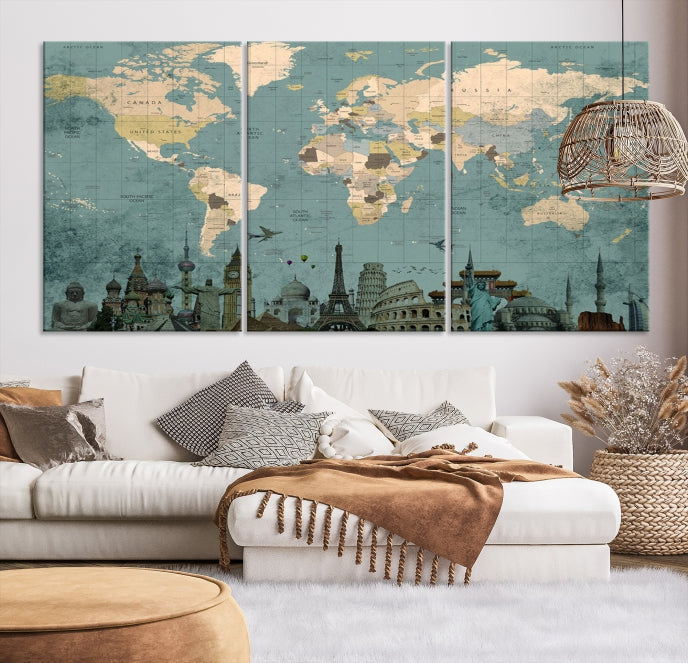 Modern World Map Wall Art World Landmarks World Map Poster Canvas Print