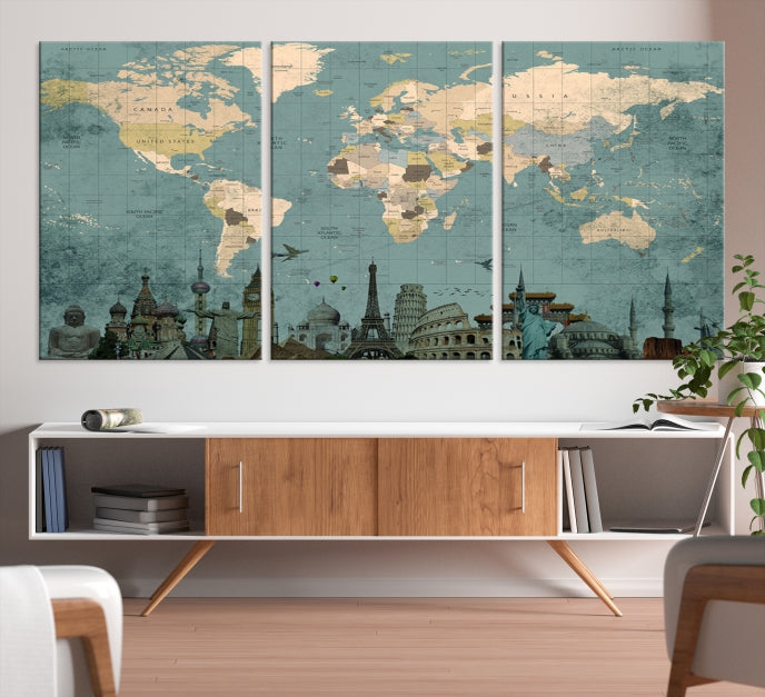 Modern World Map Wall Art World Landmarks World Map Poster Canvas Print