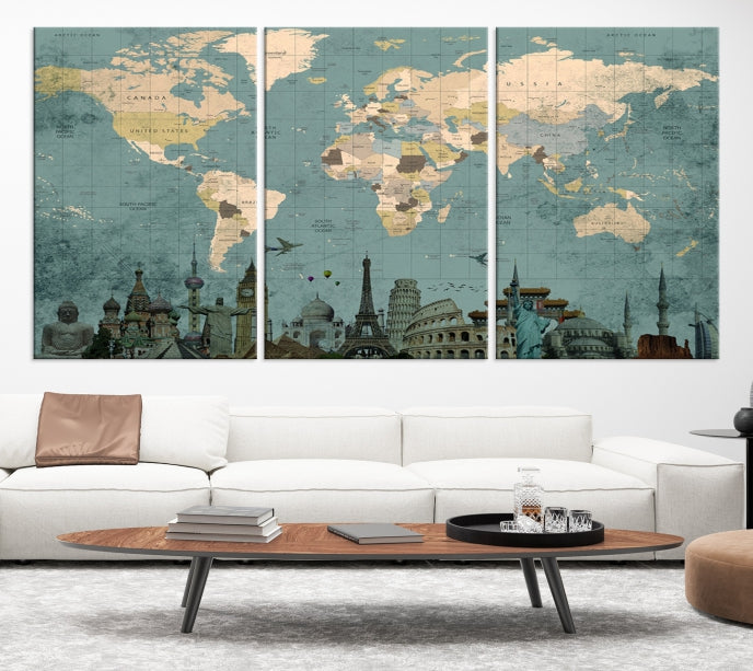 Modern World Map Wall Art World Landmarks World Map Poster Canvas Print