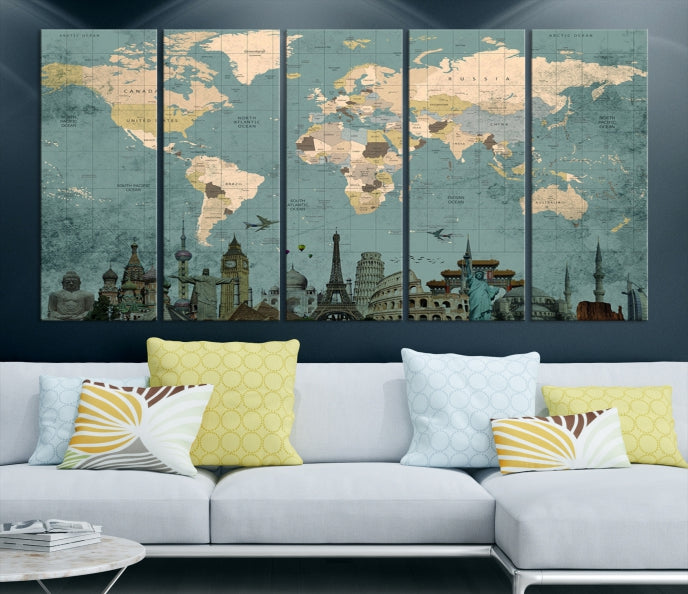 Modern World Map Wall Art World Landmarks World Map Poster Canvas Print