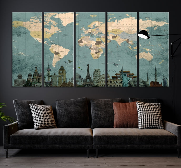 Modern World Map Wall Art World Landmarks World Map Poster Canvas Print