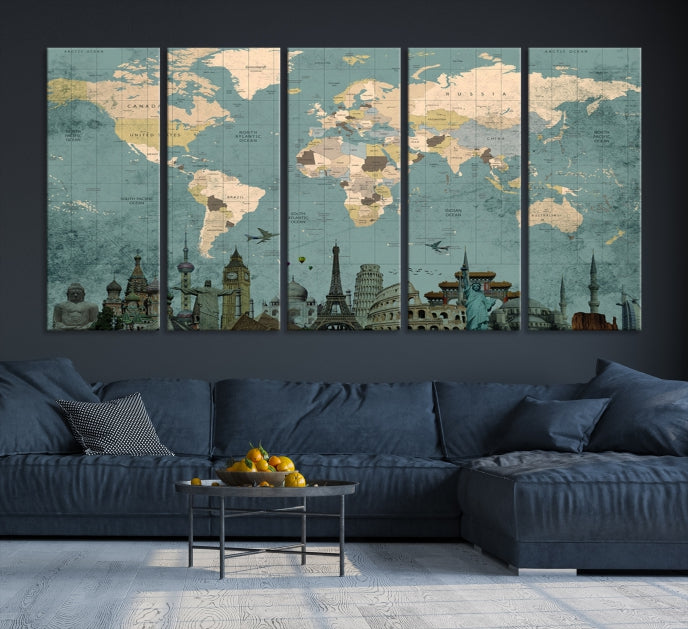 Modern World Map Wall Art World Landmarks World Map Poster Canvas Print