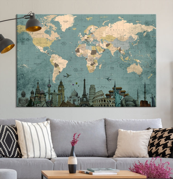 Modern World Map Wall Art World Landmarks World Map Poster Canvas Print