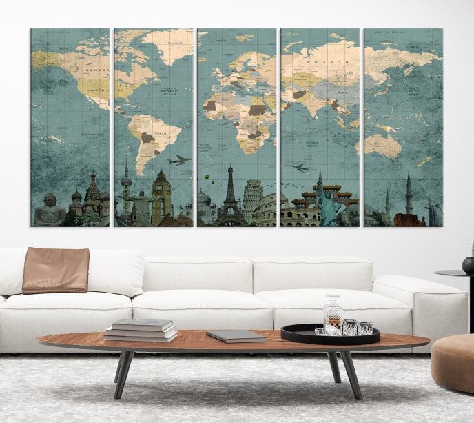 Modern World Map Wall Art World Landmarks World Map Poster Canvas Print