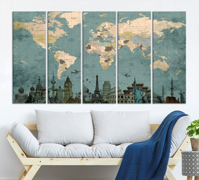 Modern World Map Wall Art World Landmarks World Map Poster Canvas Print