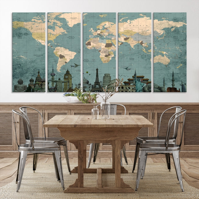 Modern World Map Wall Art World Landmarks World Map Poster Canvas Print