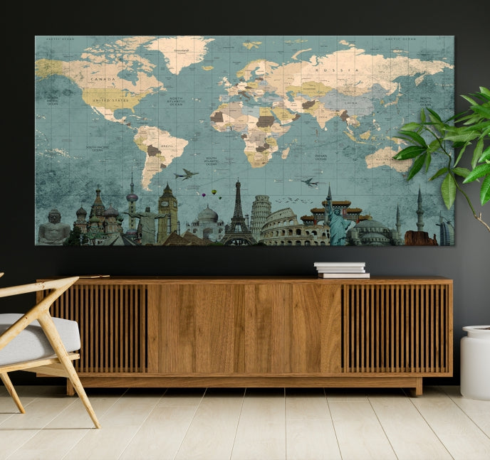 Modern World Map Wall Art World Landmarks World Map Poster Canvas Print