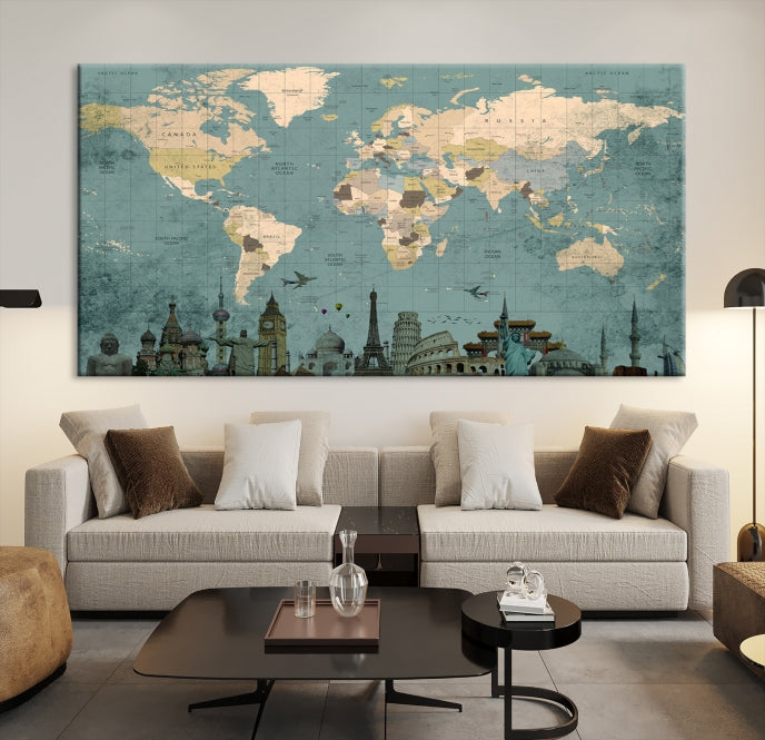 Modern World Map Wall Art World Landmarks World Map Poster Canvas Print