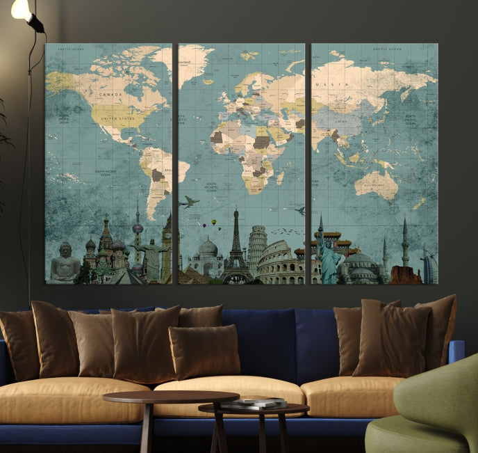 Modern World Map Wall Art World Landmarks World Map Poster Canvas Print