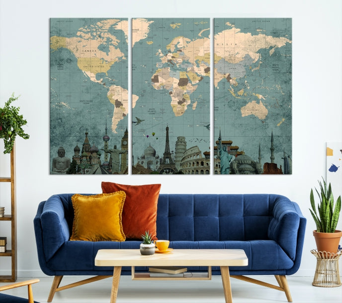 Modern World Map Wall Art World Landmarks World Map Poster Canvas Print