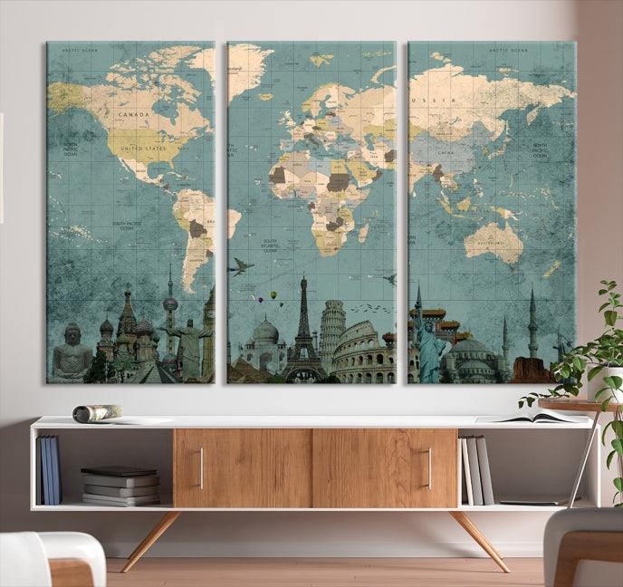 Modern World Map Wall Art World Landmarks World Map Poster Canvas Print